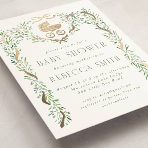 This is a meadow foil stamped baby shower invitations with foil pressed by Petra Kern called little bebe printing on signature in standard