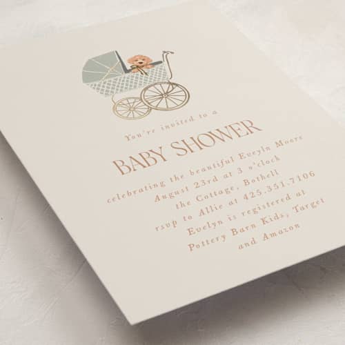 This is a sea fog foil stamped baby shower invitations with foil pressed by Erin Kessler called waiting for a sibling printing on signature in standard