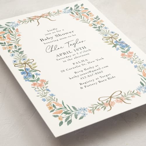 This is a pastel foil stamped baby shower invitations with foil pressed by Elly called sweet garden printing on signature in standard