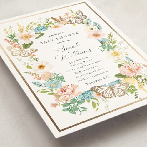 This is a sky foil stamped baby shower invitations with foil pressed by Susan Moyal called butterflies & botanicals printing on signature in standard