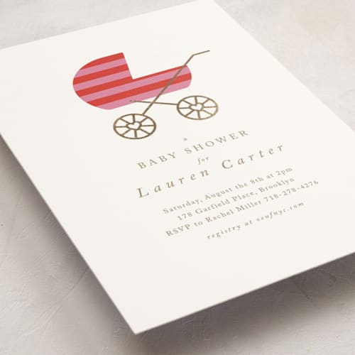 This is a rose foil stamped baby shower invitations with foil pressed by mo kelley called striped baby buggy printing on signature in standard