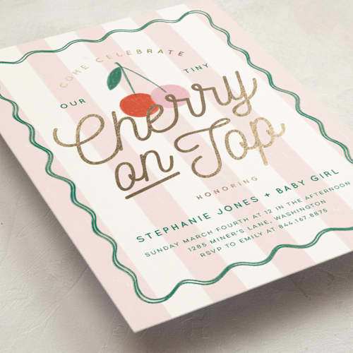 This is a petal foil stamped baby shower invitations with foil pressed by Kiersten Garner called tiny cherry on top printing on signature in standard