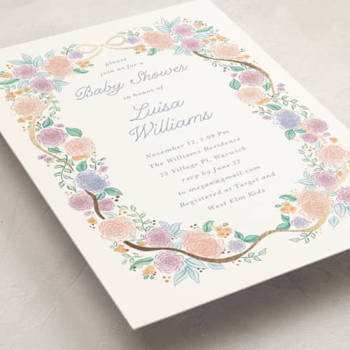 This is a lilac foil stamped baby shower invitations with foil pressed by Tamara Hilje called garden magic printing on signature in standard
