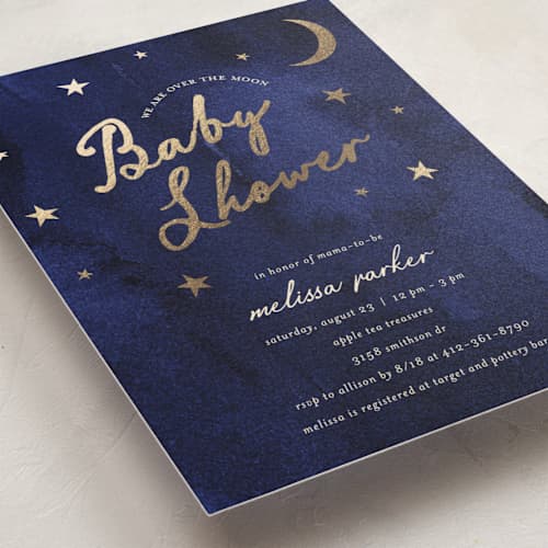 This is a midnight foil stamped baby shower invitations with foil pressed by Ilene Guy called midnight stars printing on signature in standard