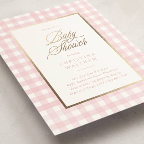 This is a cotton candy foil stamped baby shower invitations with foil pressed by Creo Study called classic gingham printing on signature in standard