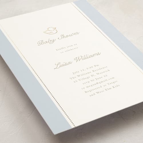 This is a hydrangea foil stamped baby shower invitations with foil pressed by Tamara Hilje called baby duck printing on signature in standard