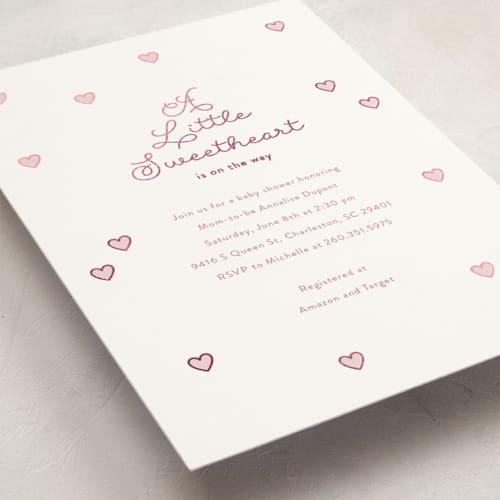 This is a strawberry foil stamped baby shower invitations with foil pressed by Angela Garrick called little sweetheart printing on signature in standard