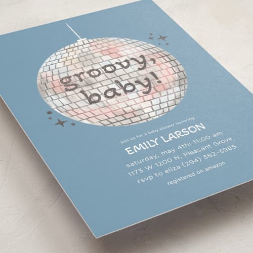 This is a cobalt foil stamped baby shower invitations with foil pressed by Janna Sue Design called groovy baby printing on signature in standard