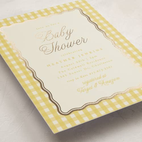 This is a lemonade foil stamped baby shower invitations with foil pressed by Brianne Larsen called scalloped gingham printing on signature in standard