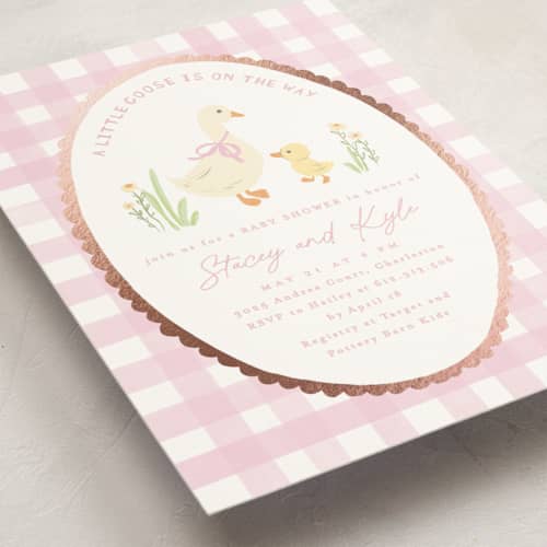 This is a rose foil stamped baby shower invitations with foil pressed by Creo Study called vintage goose printing on signature in standard