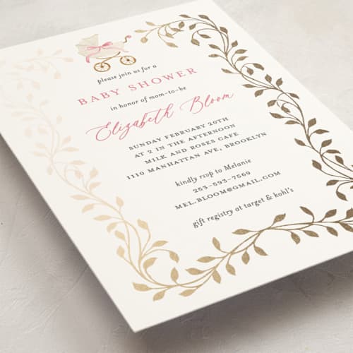 This is a peony foil stamped baby shower invitations with foil pressed by Sarah Knight called graceful printing on signature in standard