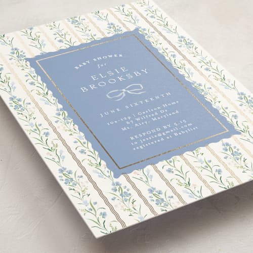 This is a cornflower foil stamped baby shower invitations with foil pressed by Erin L. Wilson called dorothy printing on signature in standard