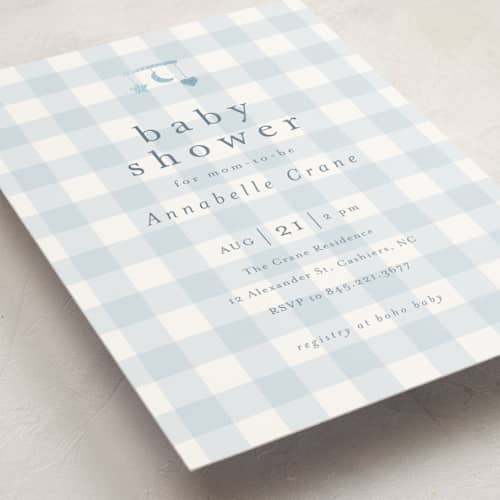 This is a baby blue foil stamped baby shower invitations with foil pressed by Stacey Meacham called gingham mobile printing on signature in standard