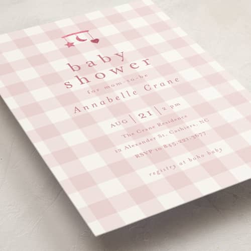 This is a petal foil stamped baby shower invitations with foil pressed by Stacey Meacham called gingham mobile printing on signature in standard