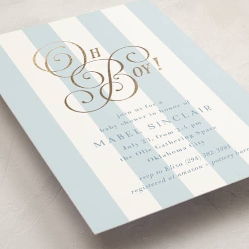 This is a bluebonnet foil stamped baby shower invitations with foil pressed by Laura Hankins called oh boy! printing on signature in standard