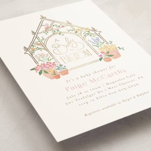 This is a strawberry foil stamped baby shower invitations with foil pressed by Jennifer Wick called petite greenhouse printing on signature in standard