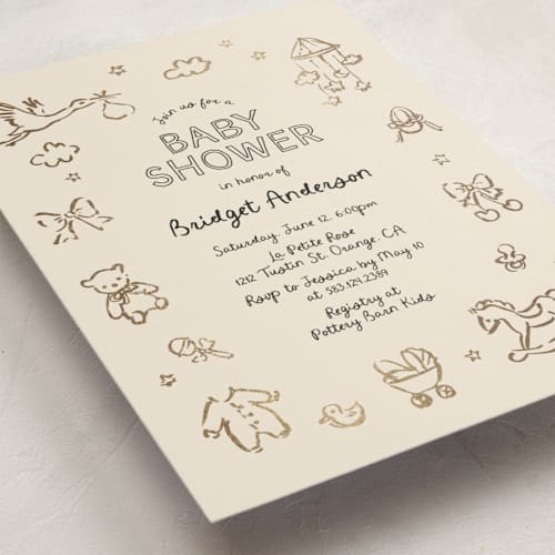 This is a onyx foil stamped baby shower invitations with foil pressed by Cass Loh called bundle of joy sketches printing on signature in standard