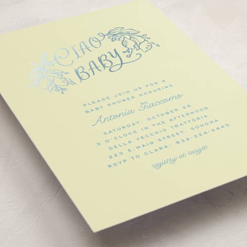 This is a lemonade foil stamped baby shower invitations with foil pressed by Pati Cascino called ciao baby printing on signature in standard