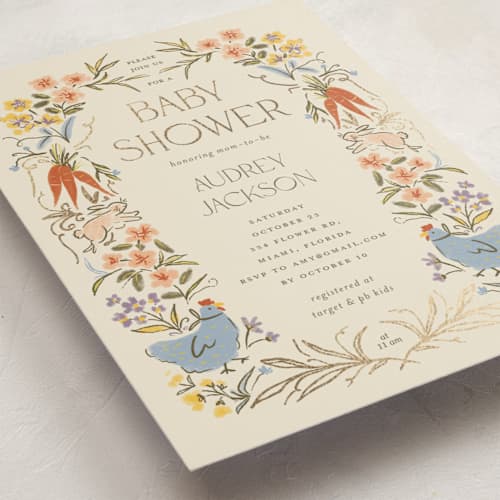 This is a creamery foil stamped baby shower invitations with foil pressed by Vera Lim called whimsical frame printing on signature in standard