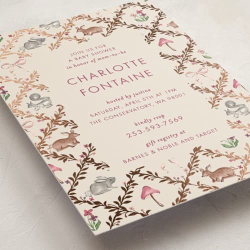 This is a mulberry foil stamped baby shower invitations with foil pressed by Sarah Knight called trellis printing on signature in standard