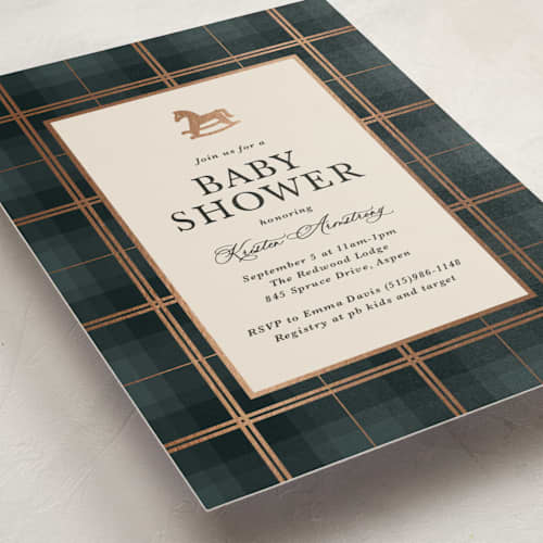 This is a juniper foil stamped baby shower invitations with foil pressed by Kate Ahn called wesley printing on signature in standard