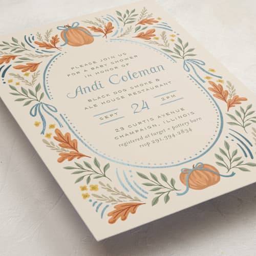 This is a cornflower foil stamped baby shower invitations with foil pressed by Laura Hankins called pumpkins + bows printing on signature in standard