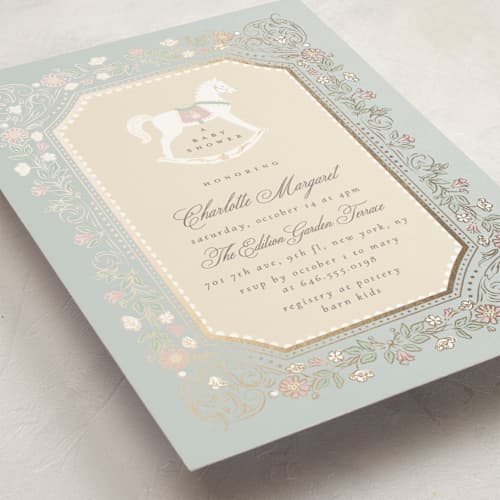This is a pastel toile foil stamped baby shower invitations with foil pressed by Ana de Sousa called le cheval d’enfance printing on signature in standard