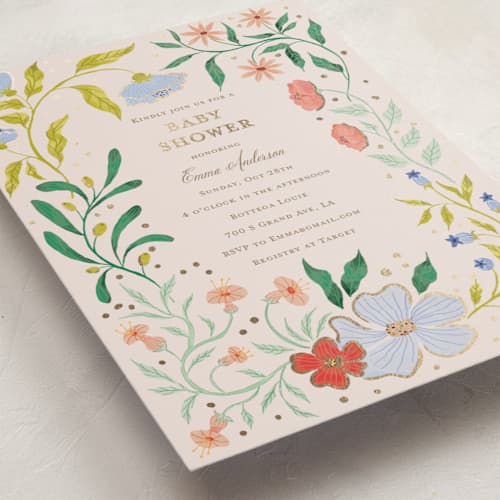 This is a blush foil stamped baby shower invitations with foil pressed by Celine Nguyen called blooming baby shower printing on signature in standard