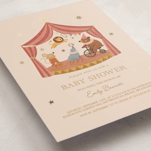 This is a mustard foil stamped baby shower invitations with foil pressed by Rina Ozum called little circus printing on signature in standard