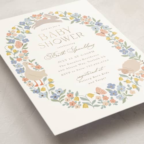 This is a meadow foil stamped baby shower invitations with foil pressed by Brandy Folse called spring awakening printing on signature in standard