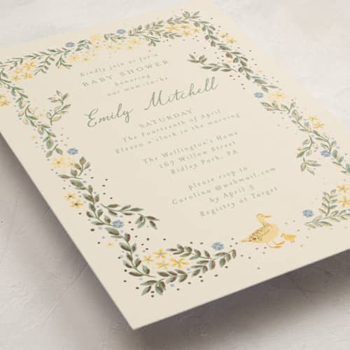 This is a vanilla foil stamped baby shower invitations with foil pressed by frau brandt called cottage life printing on signature in standard