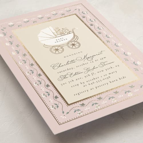 This is a antique blush foil stamped baby shower invitations with foil pressed by Ana de Sousa called petal & pram printing on signature in standard