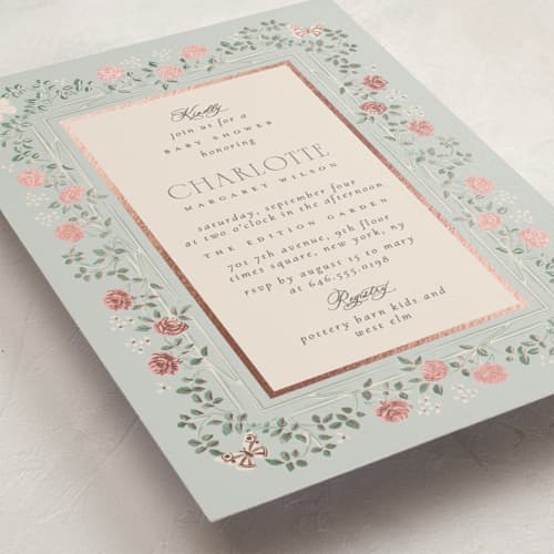 This is a antique sky foil stamped baby shower invitations with foil pressed by Ana de Sousa called parisian roses printing on signature in standard