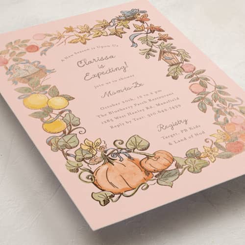 This is a blush foil stamped baby shower invitations with foil pressed by Becky Nimoy called autumn harvest printing on signature in standard