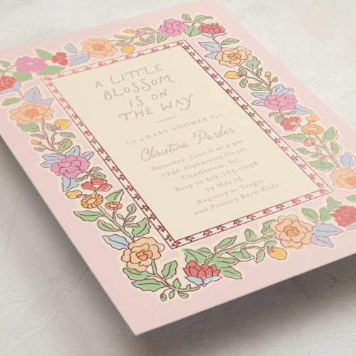 This is a rose foil stamped baby shower invitations with foil pressed by Creo Study called vintage blossom printing on signature in standard