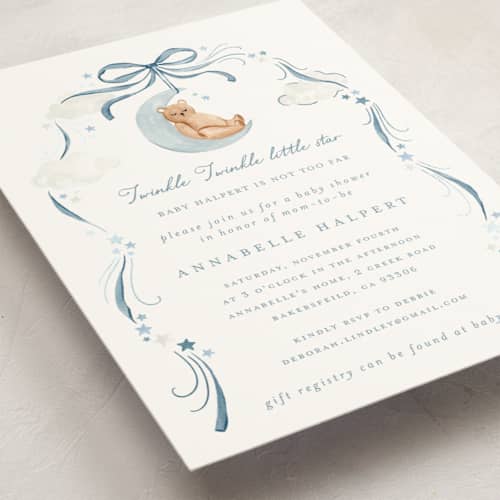 This is a moonlight foil stamped baby shower invitations with foil pressed by Sarah Knight called twinkle twinkle little star printing on signature in standard