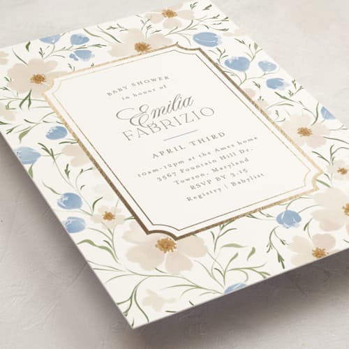This is a powder foil stamped baby shower invitations with foil pressed by Erin L. Wilson called newport summer printing on signature in standard
