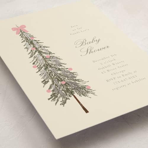 This is a peony foil stamped baby shower invitations with foil pressed by Baumbirdy called holiday bow printing on signature in standard