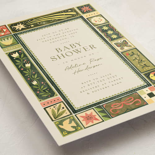 This is a creme foil stamped baby shower invitations with foil pressed by Anastasia Makarova called fairytale ornament printing on signature in standard