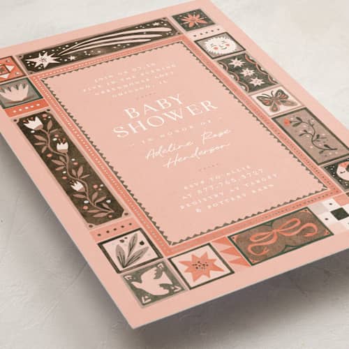 This is a strawberry foil stamped baby shower invitations with foil pressed by Anastasia Makarova called fairytale ornament printing on signature in standard