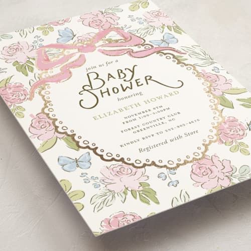 This is a peony foil stamped baby shower invitations with foil pressed by Holton Art and Design called floral & lace baby shower printing on signature in standard