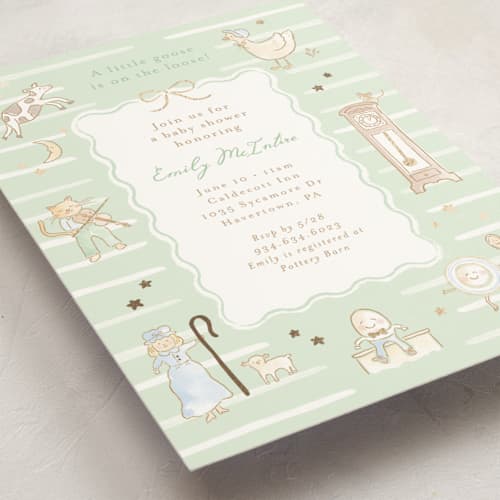 This is a mint foil stamped baby shower invitations with foil pressed by Jennifer Wick called nursery rhyme printing on signature in standard