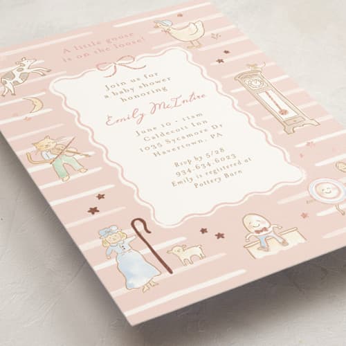 This is a strawberry foil stamped baby shower invitations with foil pressed by Jennifer Wick called nursery rhyme printing on signature in standard