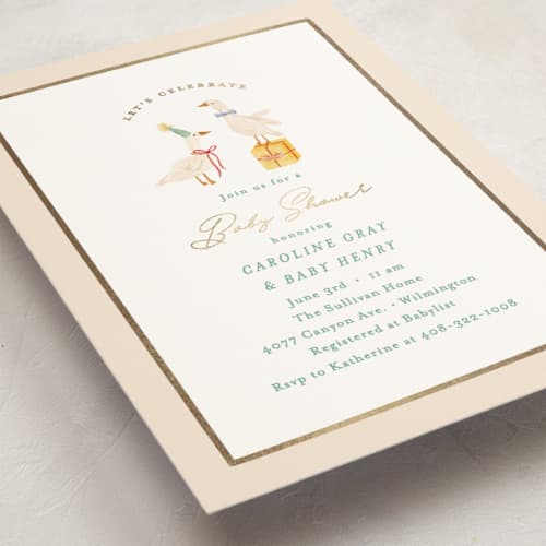 This is a lemonade foil stamped baby shower invitations with foil pressed by Julie Murray called honk for baby! printing on signature in standard