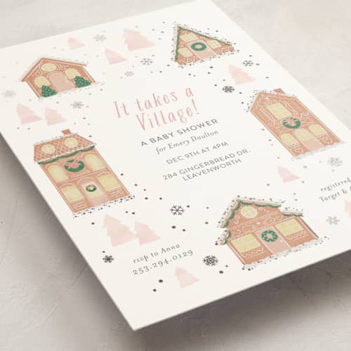 This is a blush foil stamped baby shower invitations with foil pressed by Itsy Belle Studio called gingerbread village printing on signature in standard