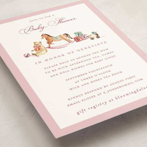 This is a rosa foil stamped baby shower invitations with foil pressed by Sarah Knight called classical printing on signature in standard