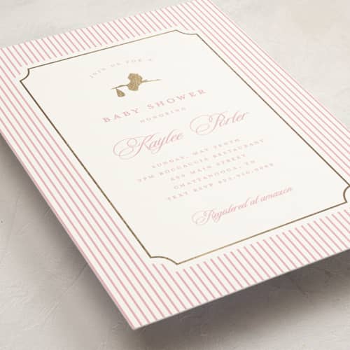This is a bubblegum foil stamped baby shower invitations with foil pressed by Stacey Meacham called storybook stork printing on signature in standard