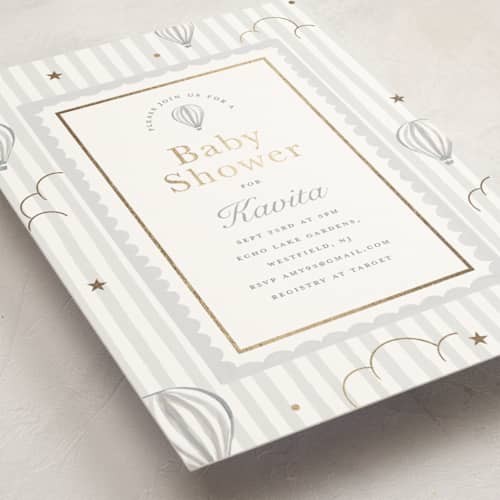 This is a sail foil stamped baby shower invitations with foil pressed by Teju Reval called hot air balloons printing on signature in standard