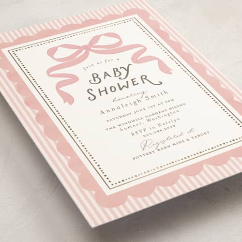 This is a blush foil stamped baby shower invitations with foil pressed by Itsy Belle Studio called fia printing on signature in standard