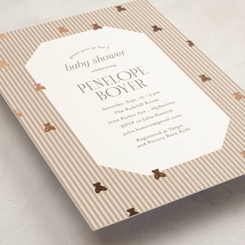 This is a beary foil stamped baby shower invitations with foil pressed by Cindy Reynolds called teddy bear stripes printing on signature in standard